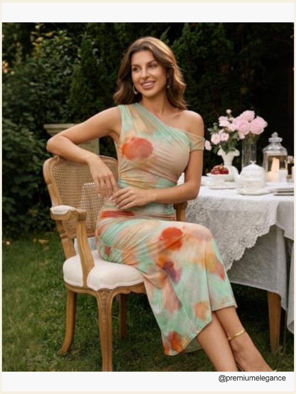 One Shoulder Ruched Bodycon Midi Dress Mesh Tie-Dye Party - Picture 6 of 7